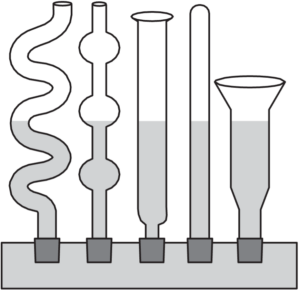Five connected containers of different shapes filled to the same level with liquid, illustrating that fluid reaches the same height regardless of container shape.